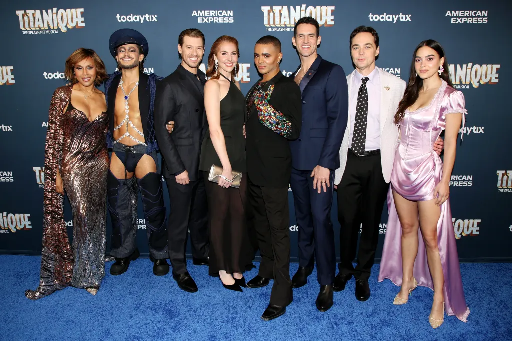Deborah Cox, Frankie Grande, Constantine Rousouli, Marla Mindelle, Layton Williams, John Riddle, Jim Parsons, and Melissa Barrera pose at the opening night of the new musical "Titanique" on Broadway.