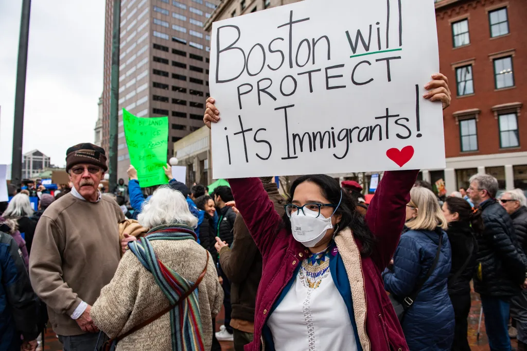 Demonstrators rally to support Mayor Wu, as Boston Mayor Michelle Wu testifies about immigration policies at a hearing held by the US House of Representatives Committee on Oversight and Government Reform, outside city hall in Boston Massachusetts on March 5, 2025.