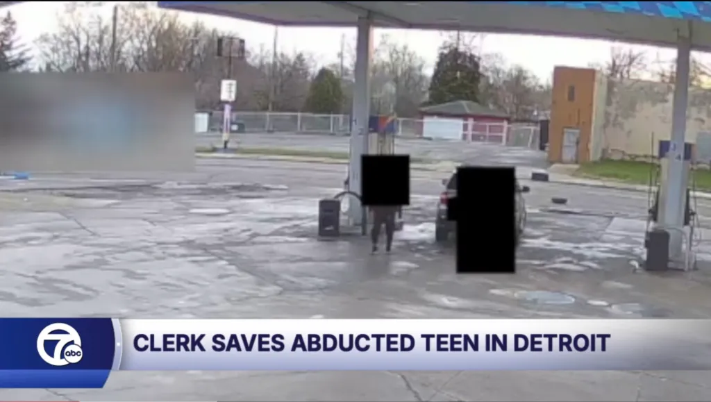 Surveillance footage of a gas station with text overlay "CLERK SAVES ABDUCTED TEEN IN DETROIT."