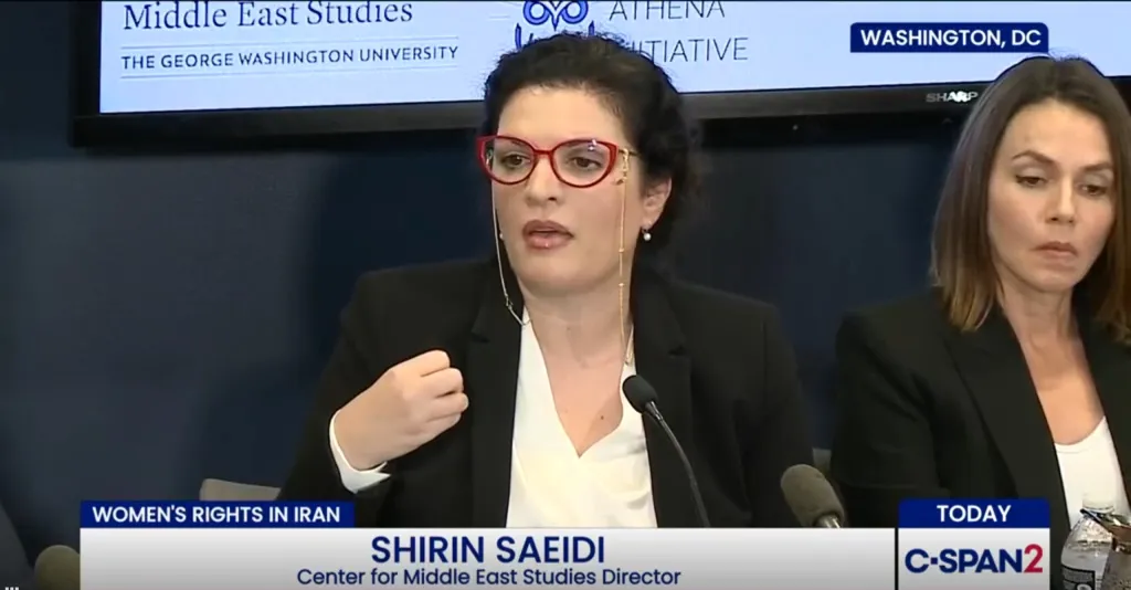 Dr. Shirin Saeidi, Director of the Center for Middle East Studies, speaking at an event on women's rights in Iran.