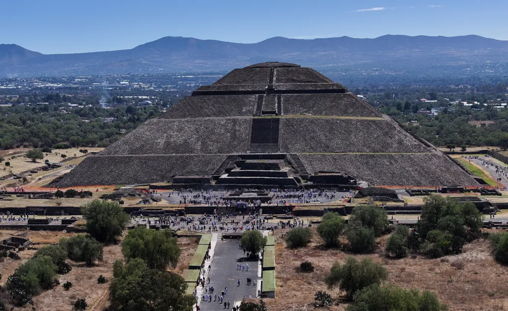 Drone view of visitors at the archaeological site of Teotihuacan gathered to welcome the spring equinox.