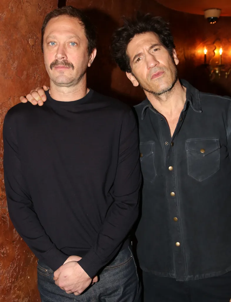 Ebon Moss-Bachrach and Jon Bernthal pose during a photo call for the new play based on the 1975 film "Dog Day Afternoon" on Broadway.