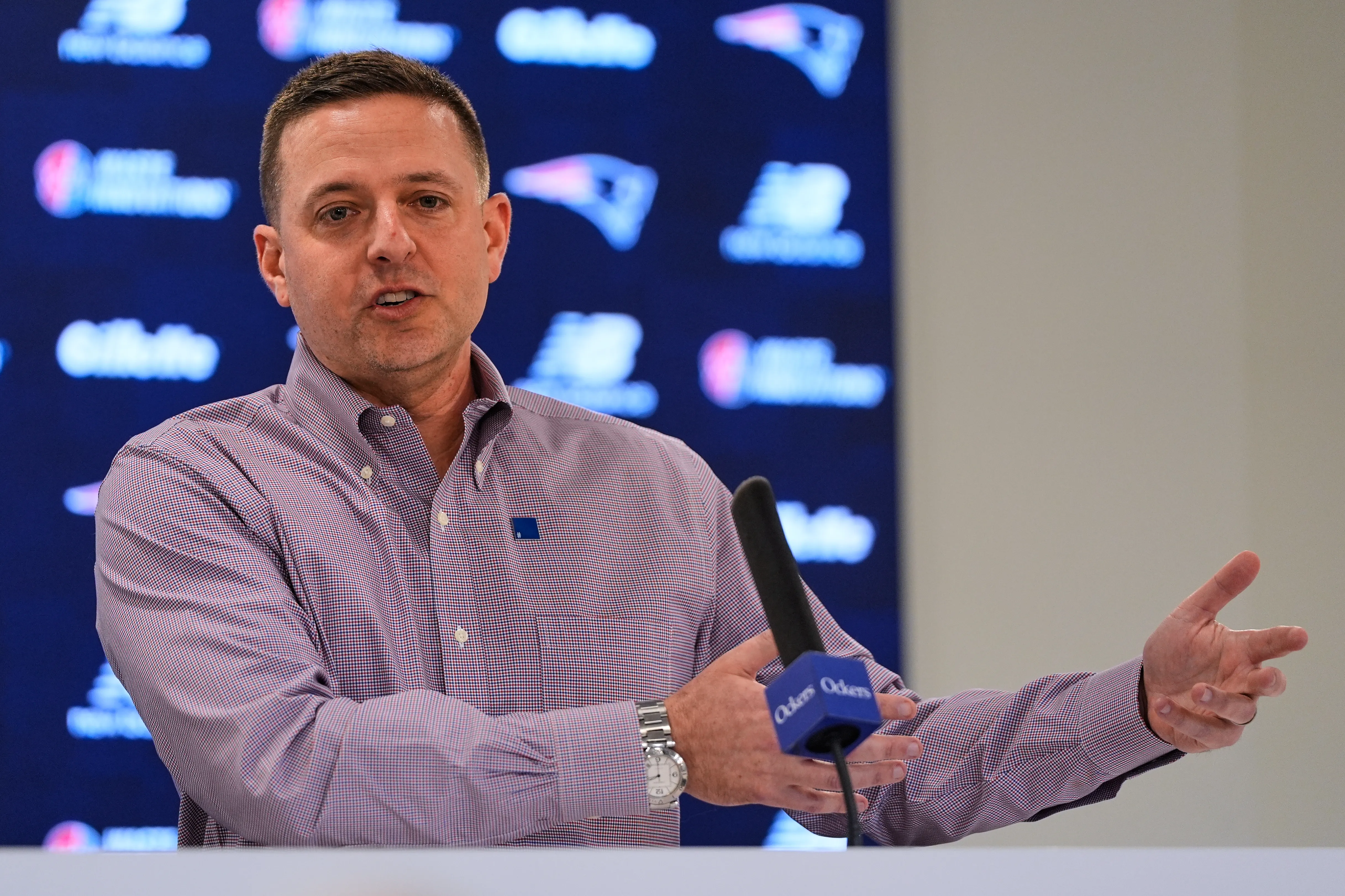 Eliot Wolf speaking at an NFL media availability.