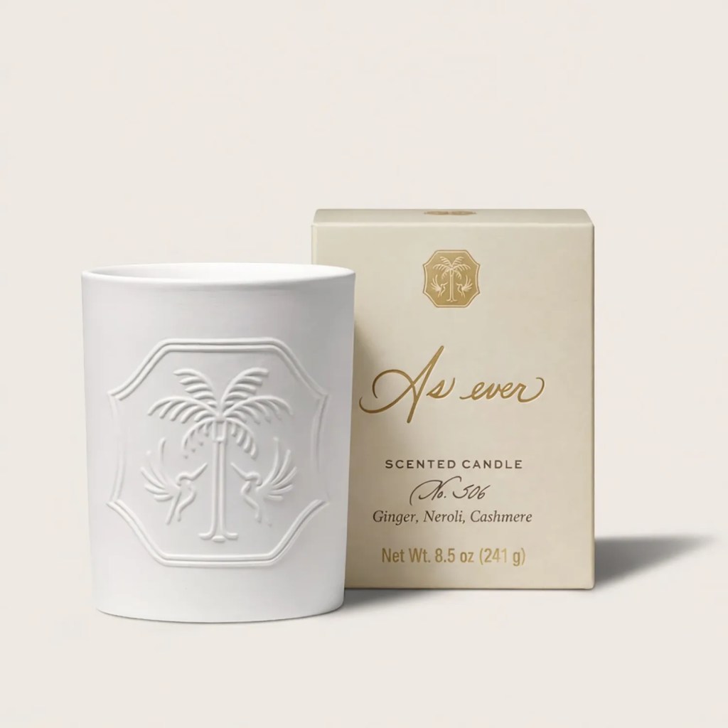 As Ever scented candle with Ginger, Neroli, and Cashmere fragrance, next to its beige box.