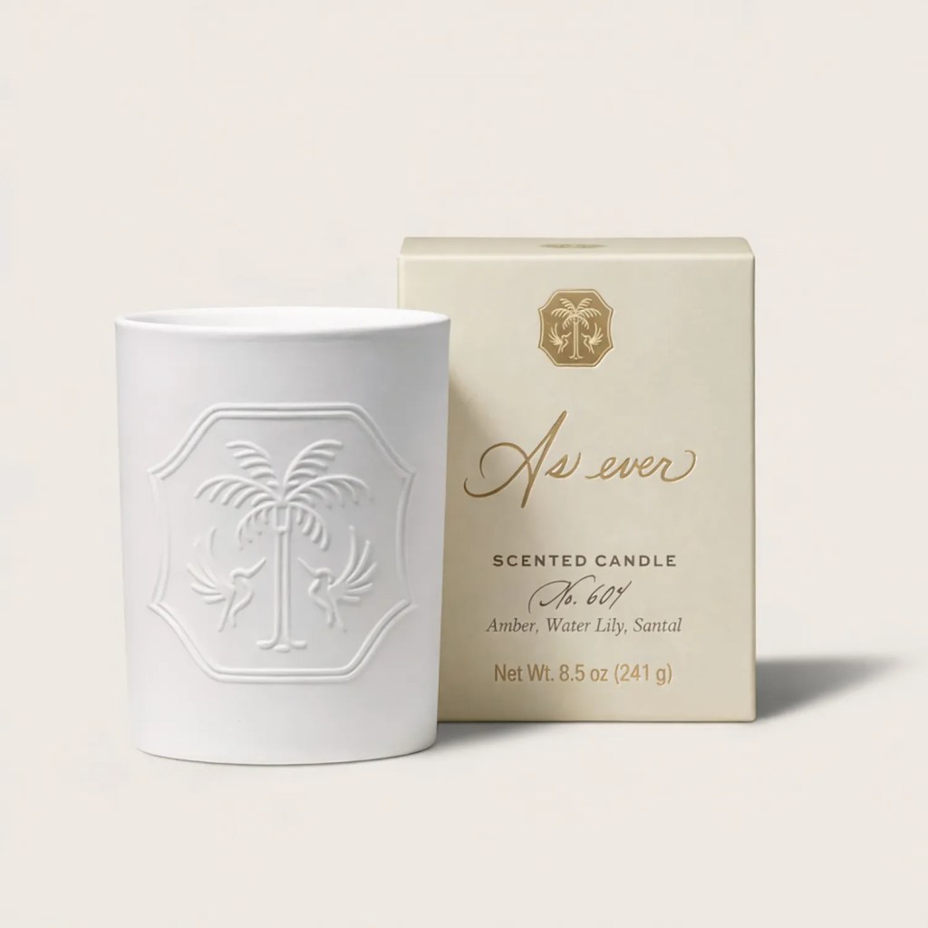 "As Ever" scented candle, No. 604 Amber, Water Lily, Santal, 8.5 oz (241 g).