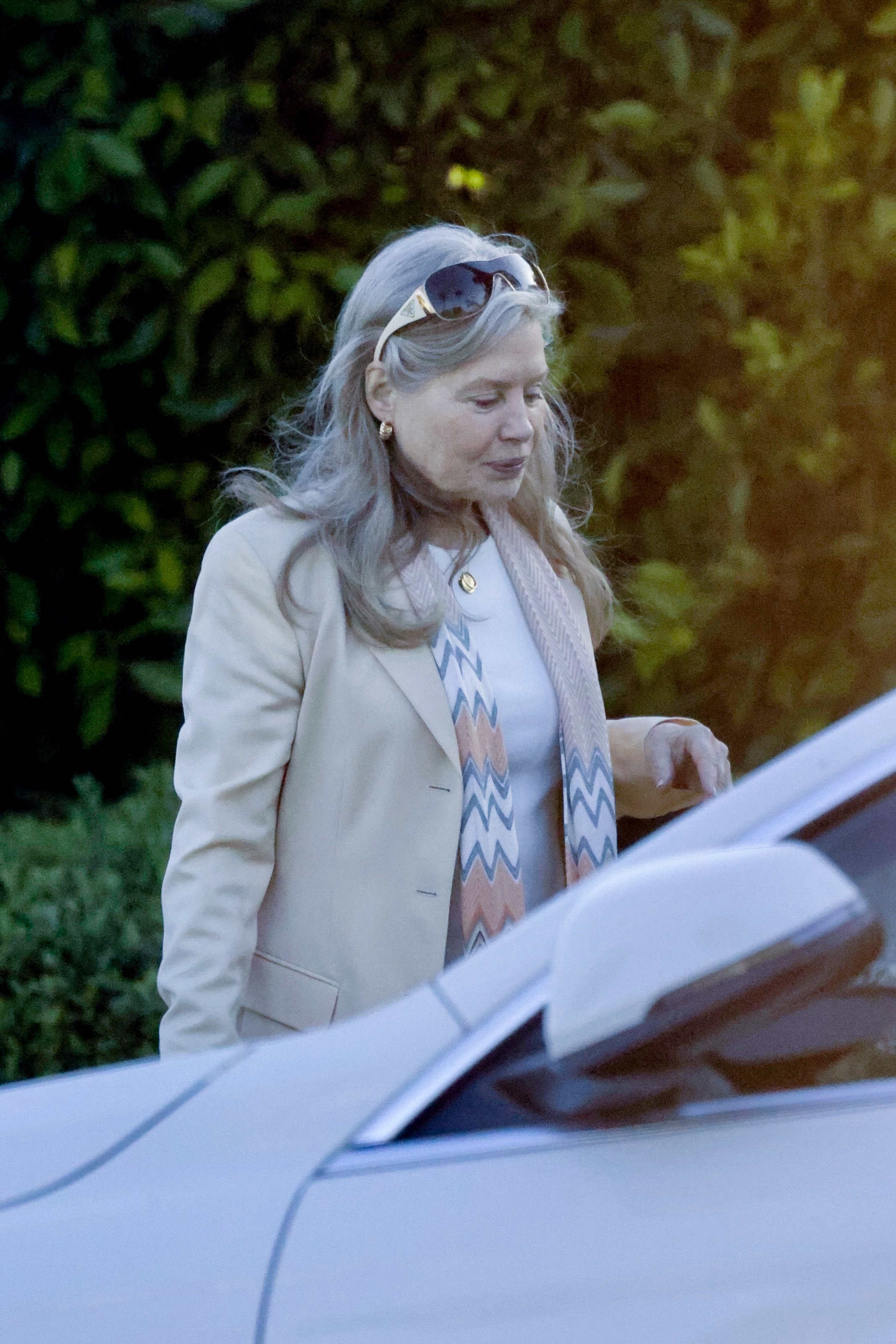 Beverly D'Angelo wearing a beige blazer and a patterned scarf, with gold sunglasses perched on her head.