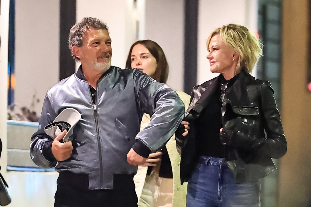 Antonio Banderas, Melanie Griffith, and their child leaving dinner at Matsuhisa.