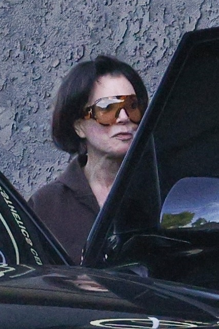Kris Jenner wearing large brown sunglasses and a brown top, with a dark car door in the foreground.
