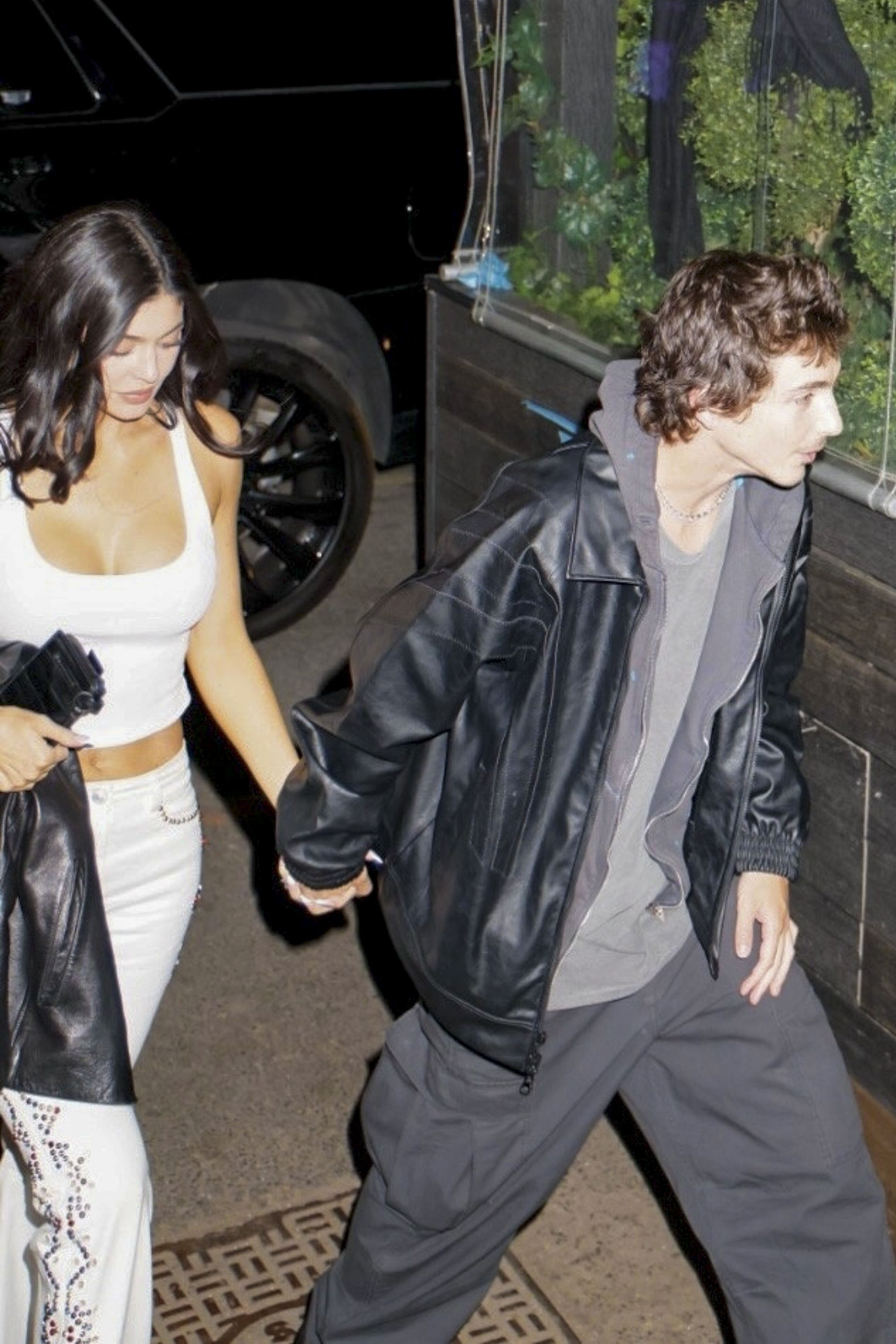 Kylie Jenner and Timothée Chalamet holding hands while leaving dinner.