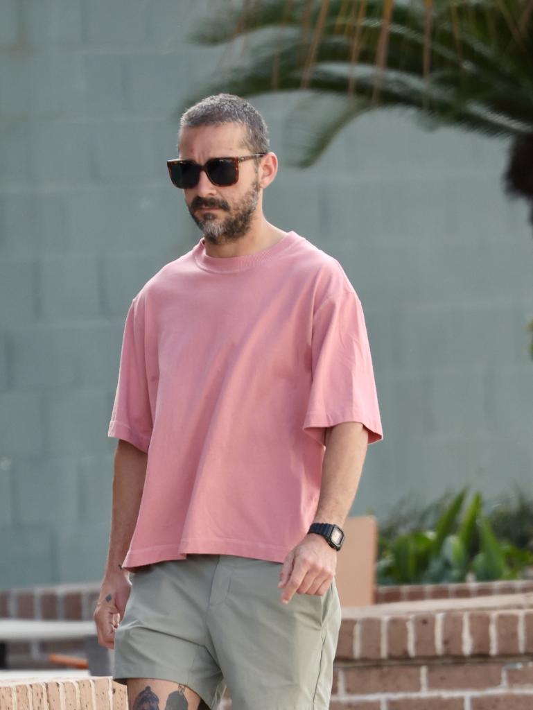 Shia LaBeouf walking outdoors in a pink shirt, olive shorts, and sunglasses.