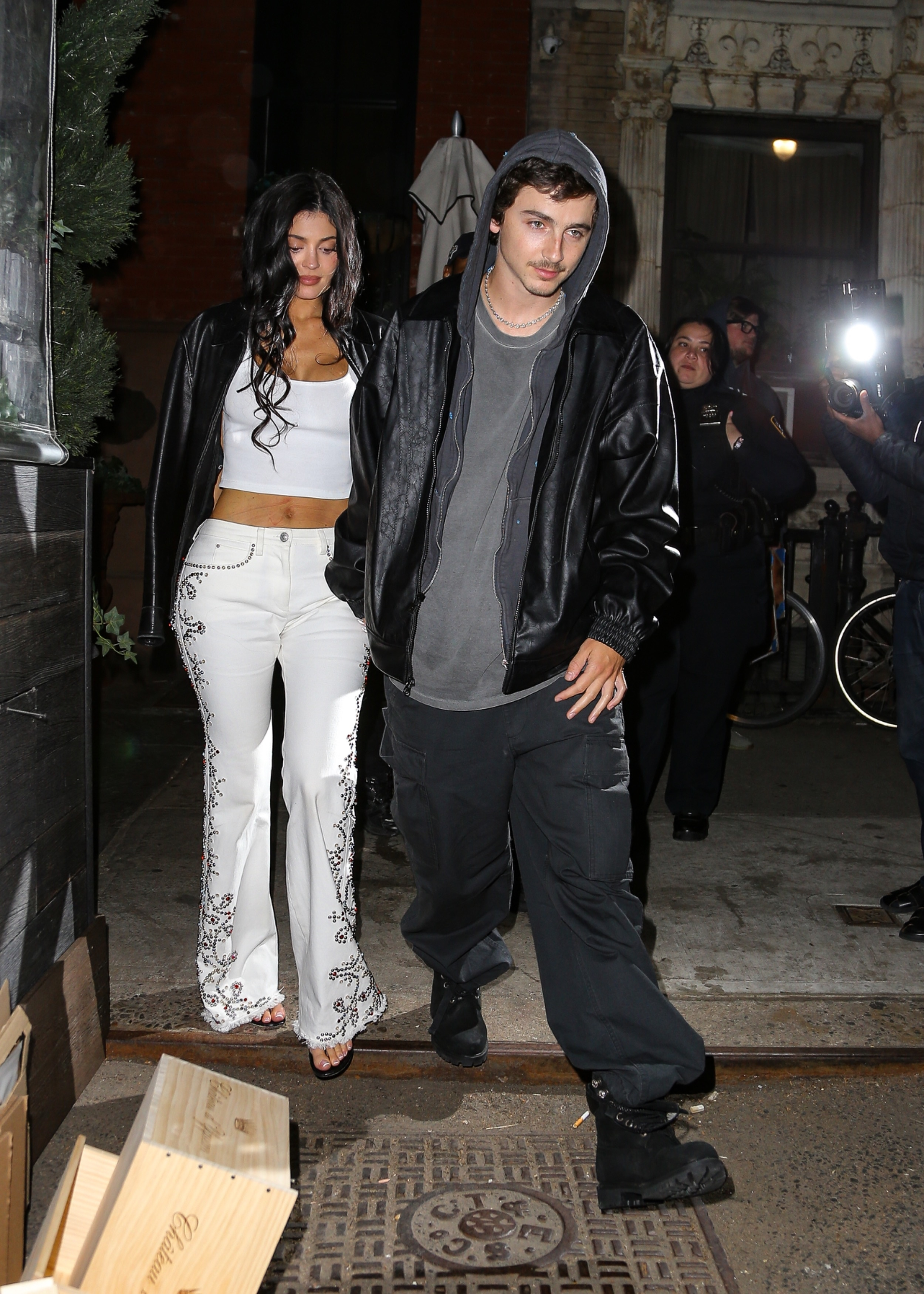 Timothée Chalamet and Kylie Jenner leaving a restaurant in New York.