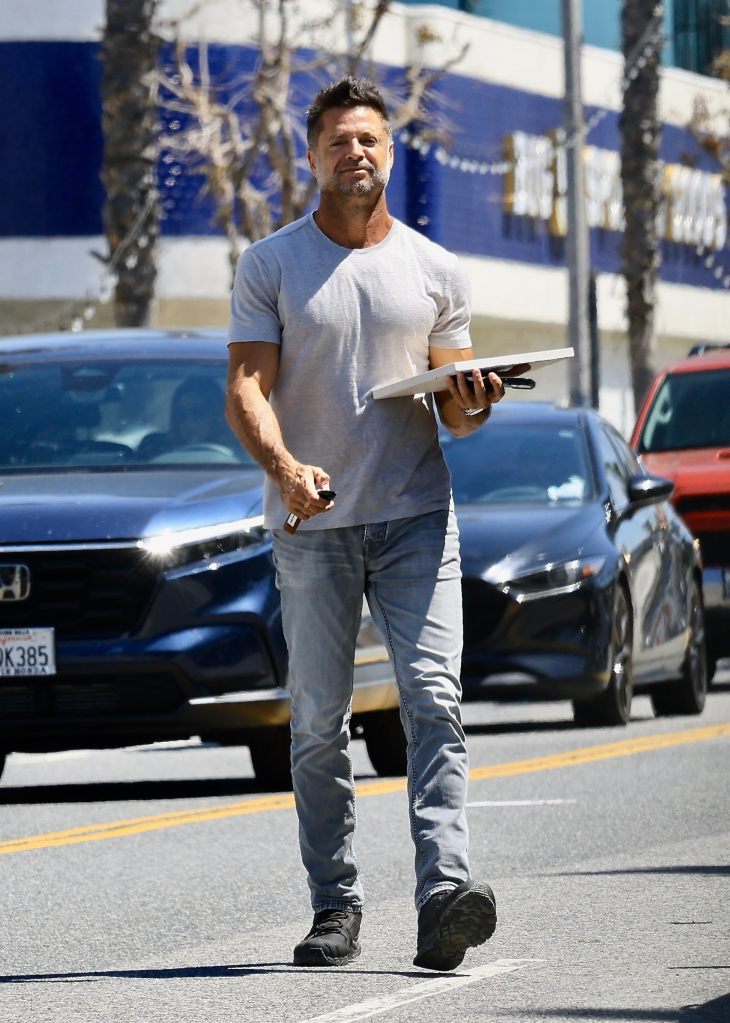 David Charvet, former "Baywatch" star, casually walking in a gray t-shirt and jeans on a street, carrying a small item.