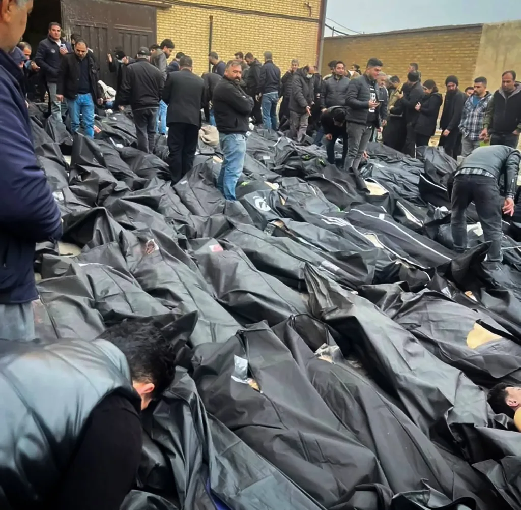 People searching for relatives among rows of body bags at the Kahrizak Coroner's Office in Tehran, Iran.