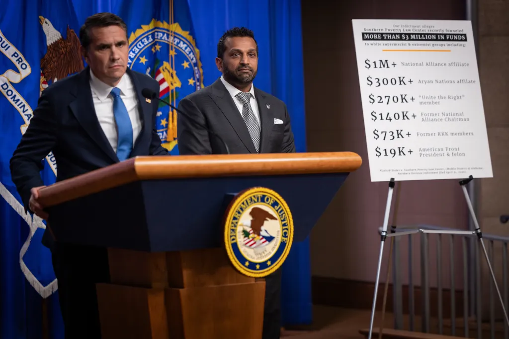 Acting Attorney General Todd Blanche and FBI Director Kash Patel detail funds allegedly funneled by the Southern Poverty Law Center to extremist groups.
