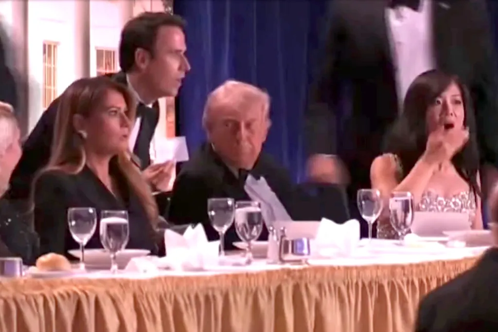 Melania Trump and Donald Trump reacting to reports of shots fired at the White House Correspondents Dinner.