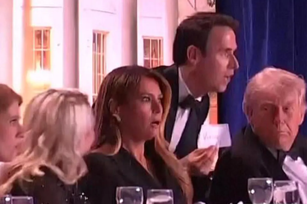 First lady Melania Trump, Mentalist Oz Pearlman and President Donald Trump react to the sound of gunshots from the dais on April 25, 2026.