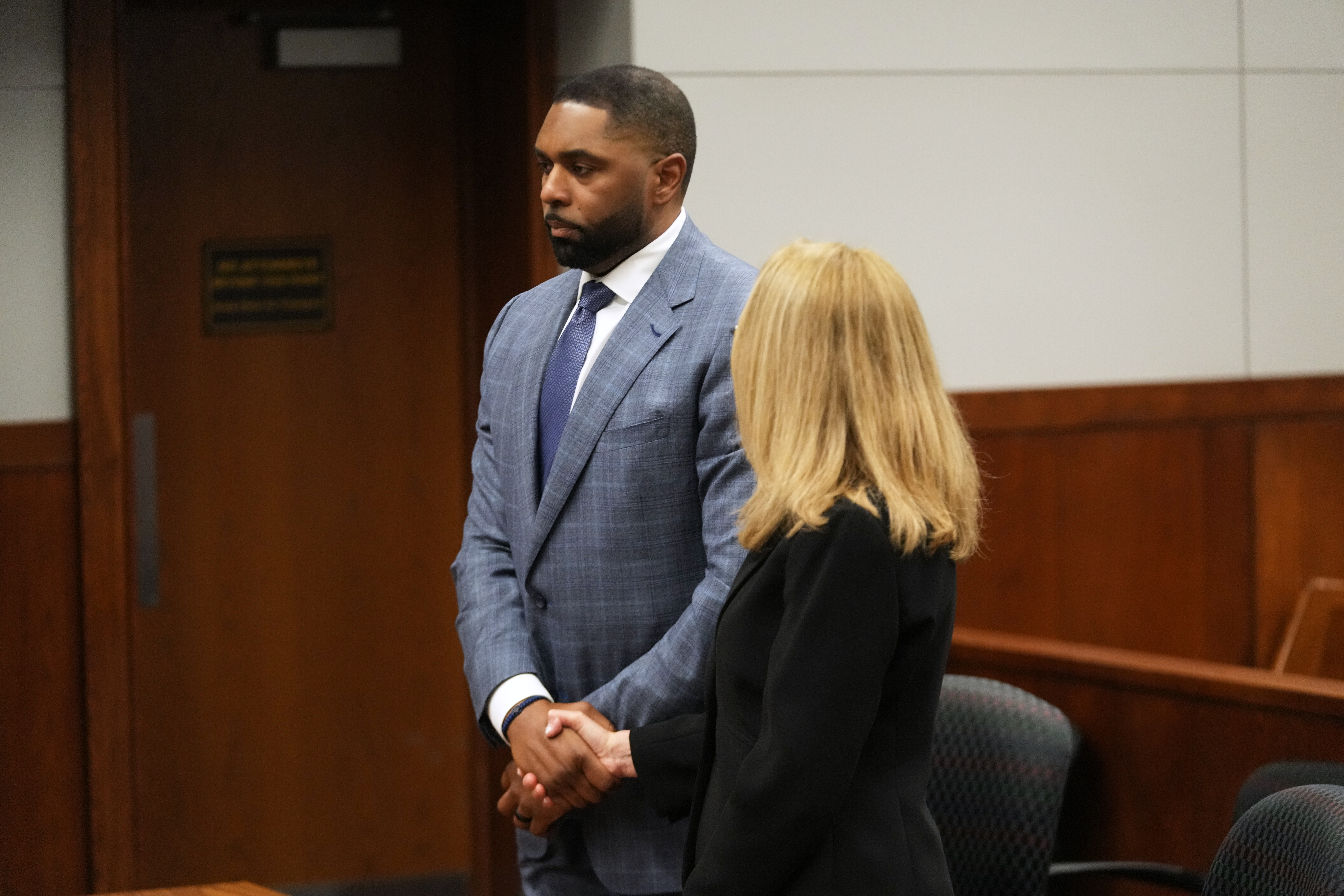 Sherrone Moore in court on April 14