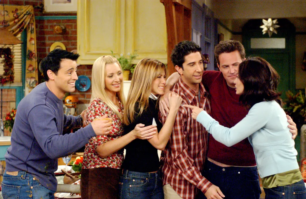 The cast of Friends, from left to right: Matt LeBlanc, Lisa Kudrow, Jennifer Aniston, David Schwimmer, Matthew Perry, and Courteney Cox.