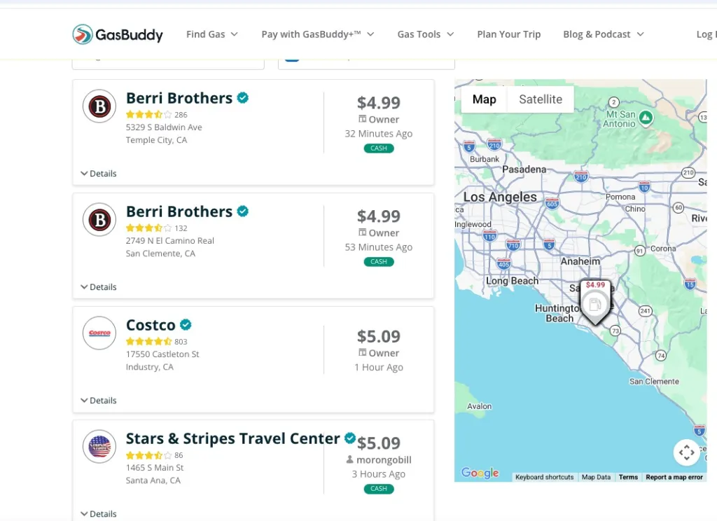GasBuddy website showing California gas stations with their prices, along with a map of Los Angeles.