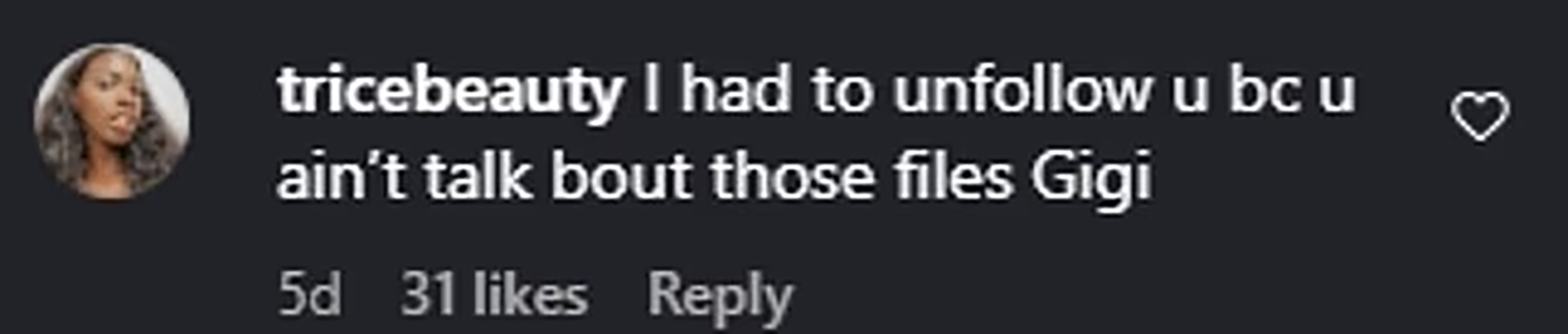 A screenshot of an Instagram comment from user 