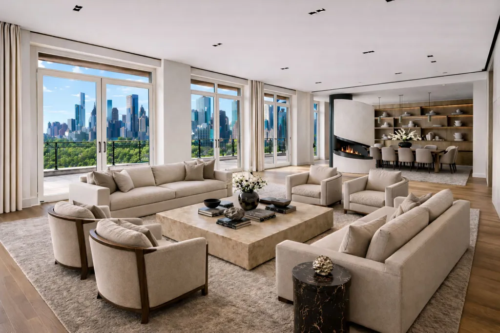 A grand living area that looks out to Central Park.