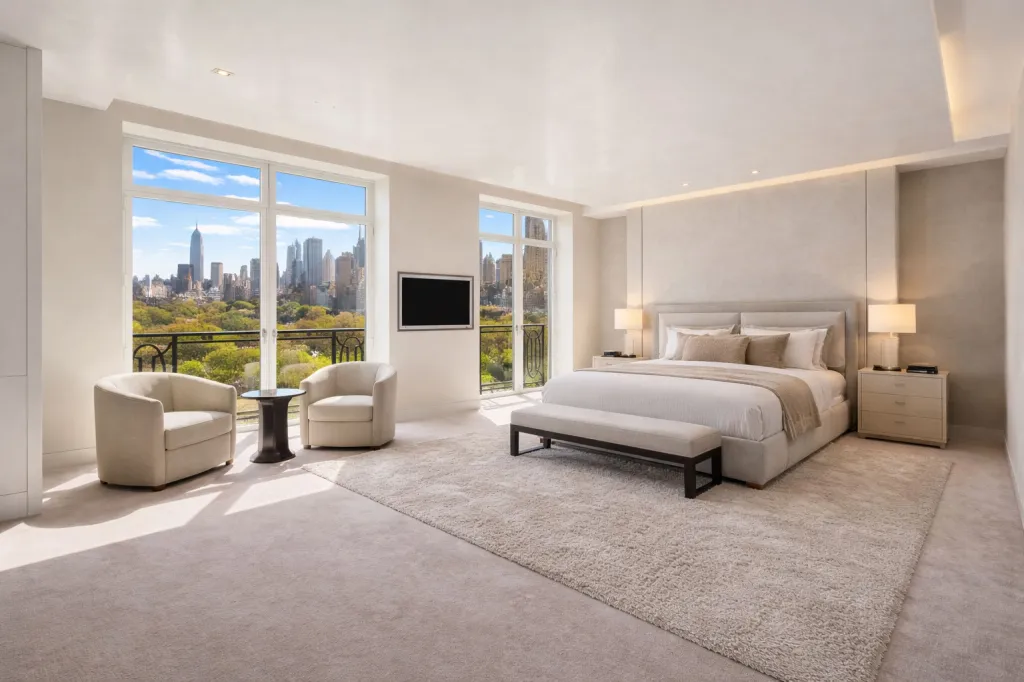 The master bedroom also overlooks verdant views of the park.