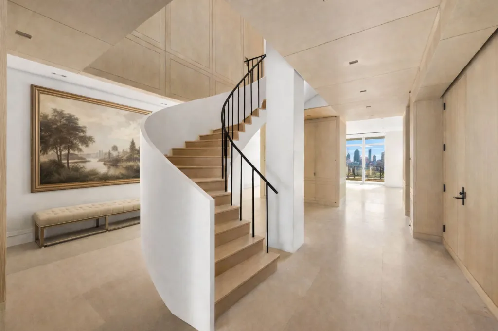 A sculptural staircase connects the levels.