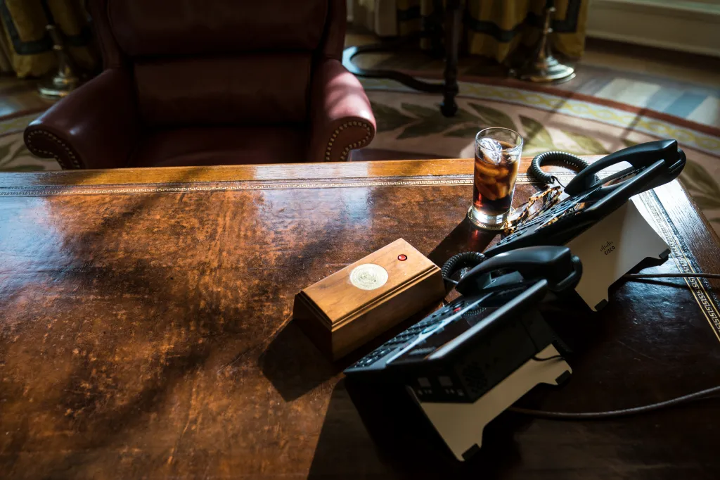 A glass of iced soda on the Resolute Desk in the Oval Office.