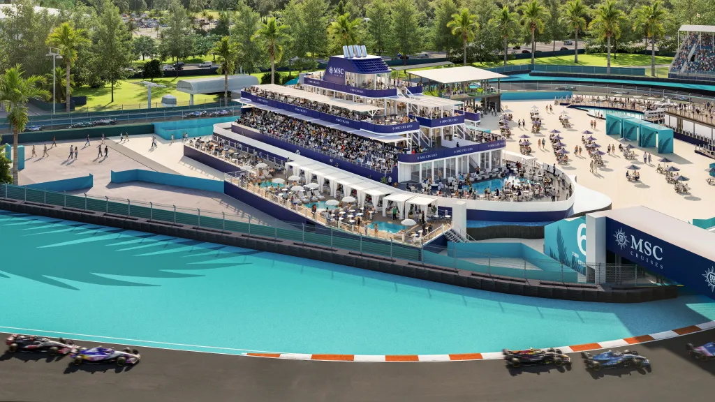 Illustration of the MSC Yacht Club at the F1 Miami Grand Prix race track.