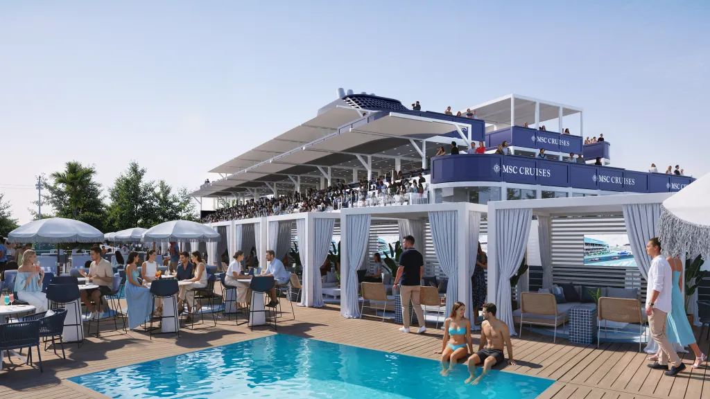 Illustration of people enjoying a Grand Prix event from a pool deck and multi-story viewing stands.