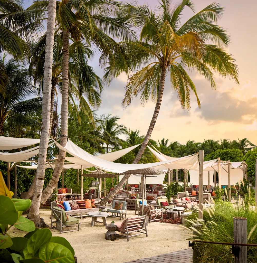 Tala Beach at the 1 Hotel South Beach, an outdoor lounge area with white canopy awnings over various seating arrangements on sand, surrounded by palm trees and lush foliage.
