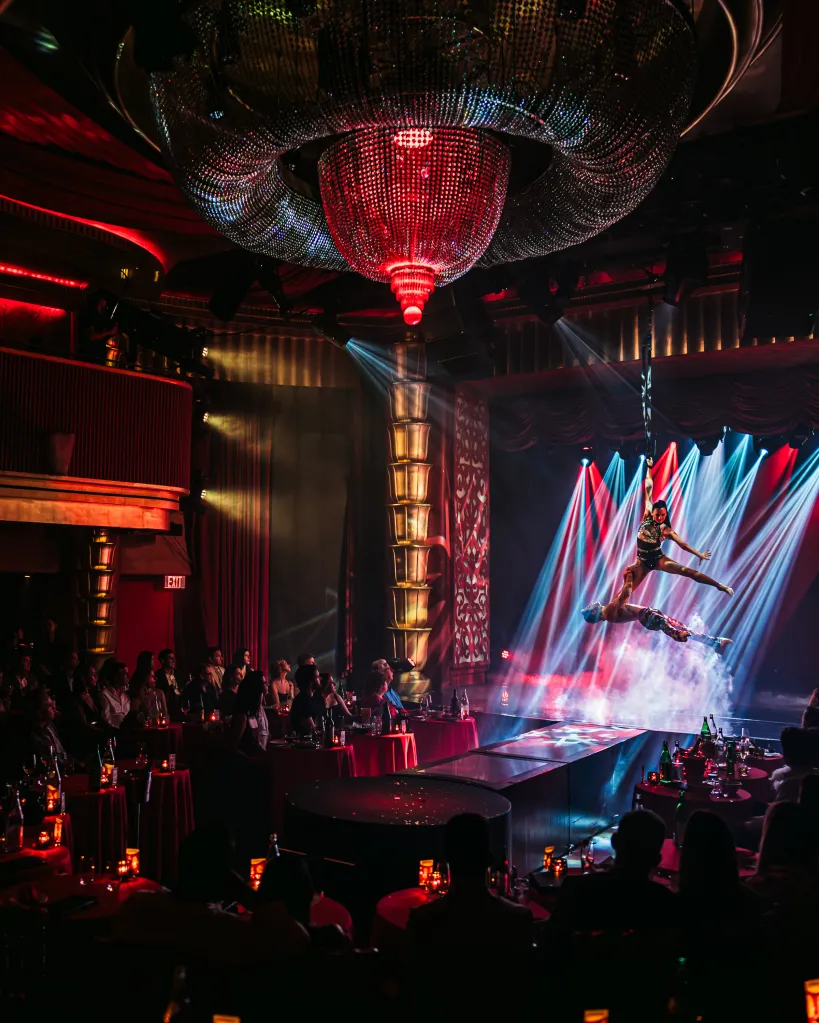 Audience watching two aerialists performing over a stage in a lavish theater with a large chandelier.