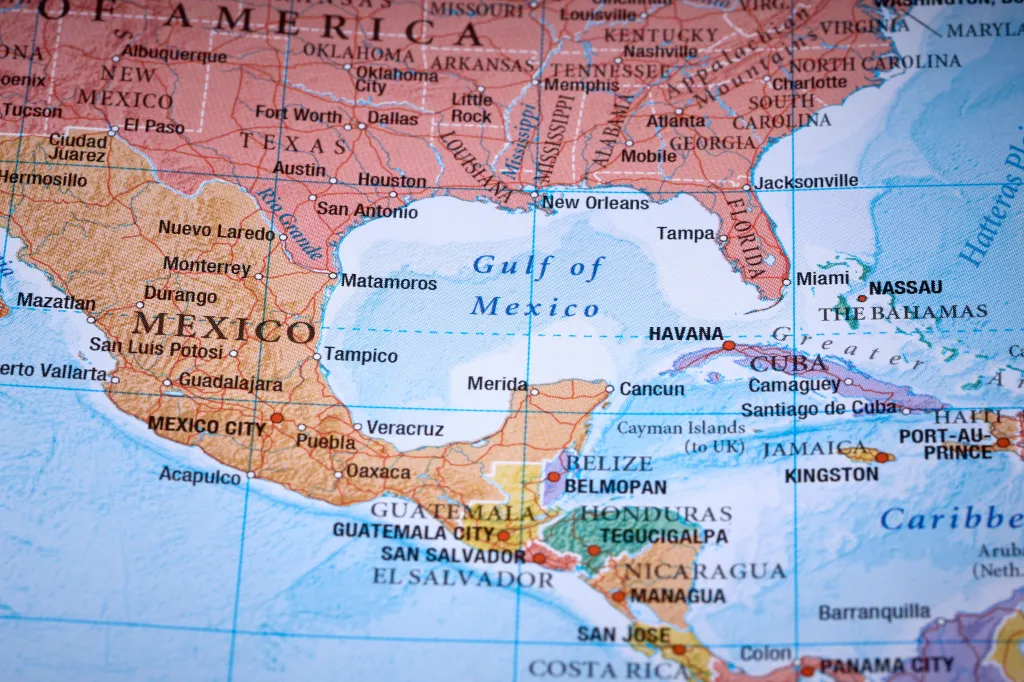 Close-up map of the Gulf of Mexico showing parts of the USA, Mexico, and Central American countries.
