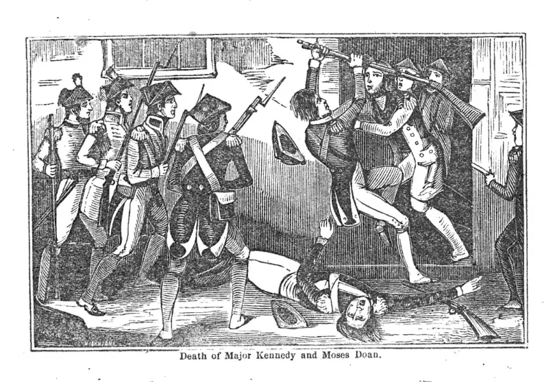Woodcut illustration depicting the attempted arrest of the Doan Outlaws, showing soldiers clashing with two men, one of whom is on the ground.