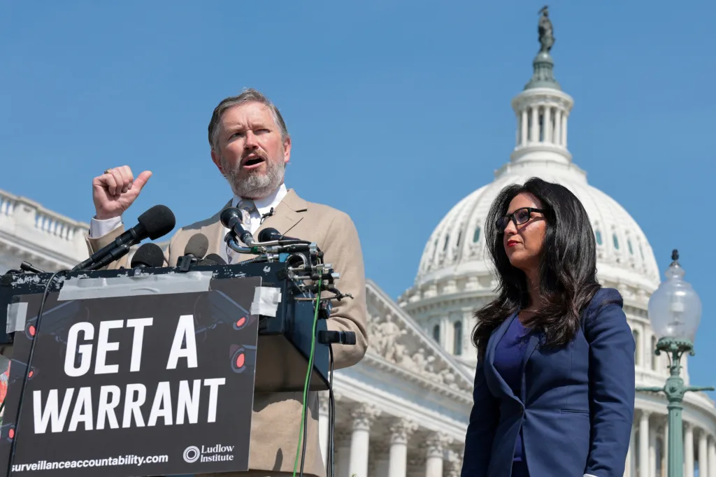 U.S. Representatives Thomas Massie and Lauren Boebert hold a news conference to introduce their Surveillance Accountability Act at the U.S. Capitol in Washington.