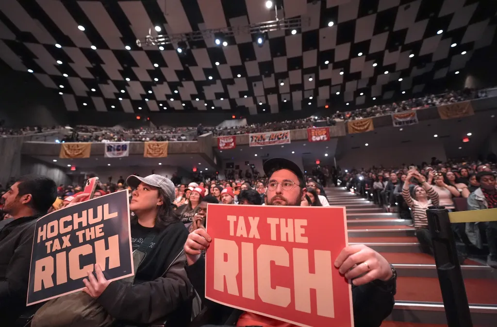 Sen. Bernie Sanders (I-VT) holds a 'Tax the Rich' rally at Lehman College, to press New York Governor Kathy Hochul to raise taxes on millionaires in the Bronx, New York City, U.S. on Sunday, March 29, 2026. 