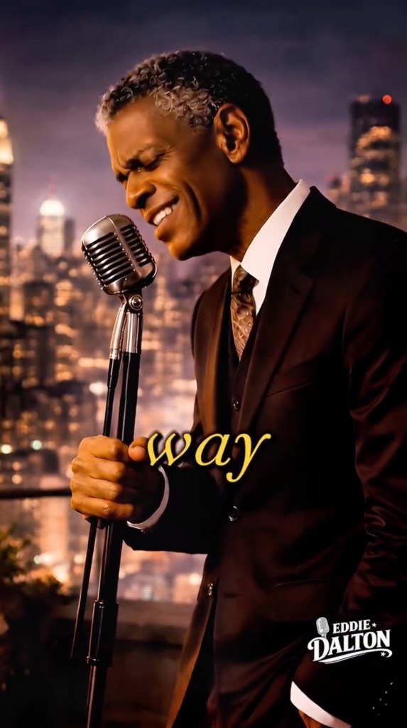 A smiling man in a suit sings into a microphone with a city skyline in the background.