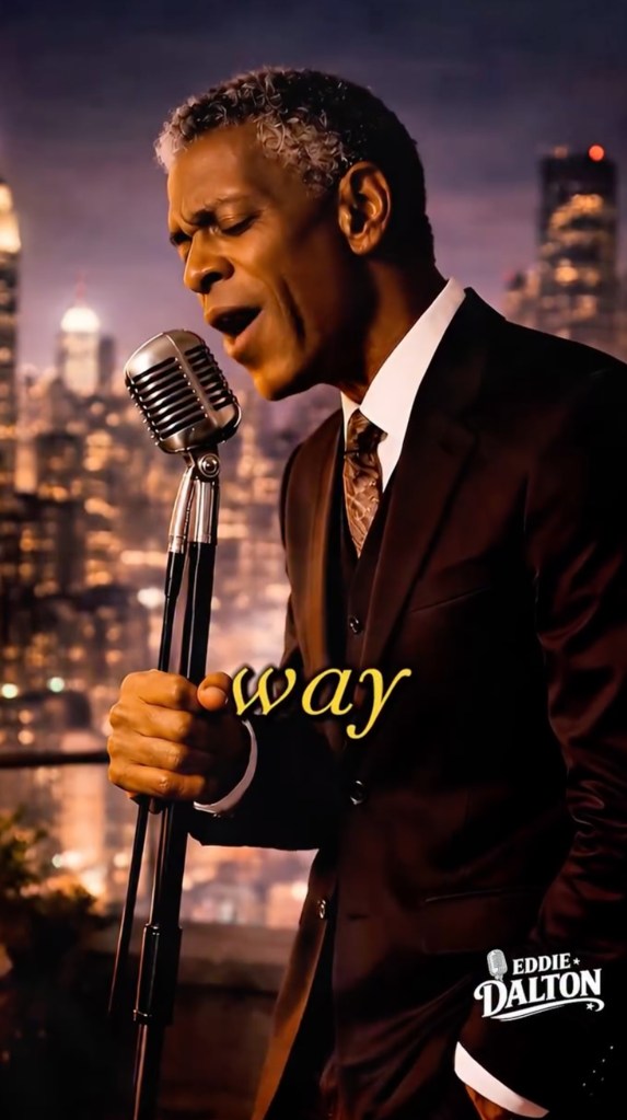 A well-dressed man sings into a vintage microphone with a city skyline in the background.