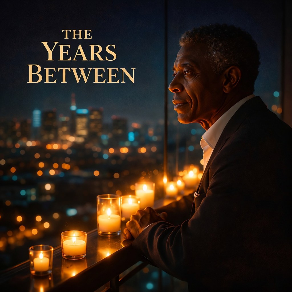 Illustration of a man in a suit looking out at a city skyline at night, with the text "THE YEARS BETWEEN" and candles in the foreground.