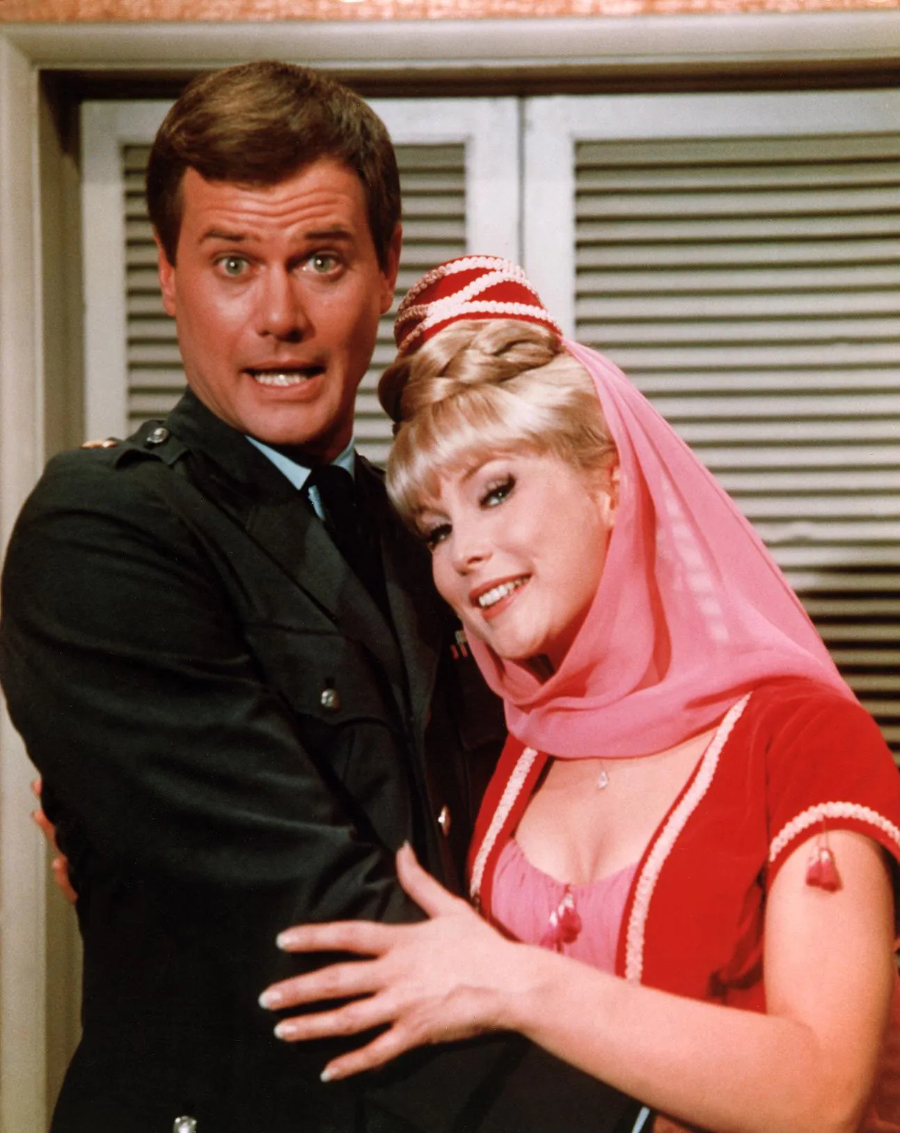 Larry Hagman and Barbara Eden in character from "I Dream of Jeannie."
