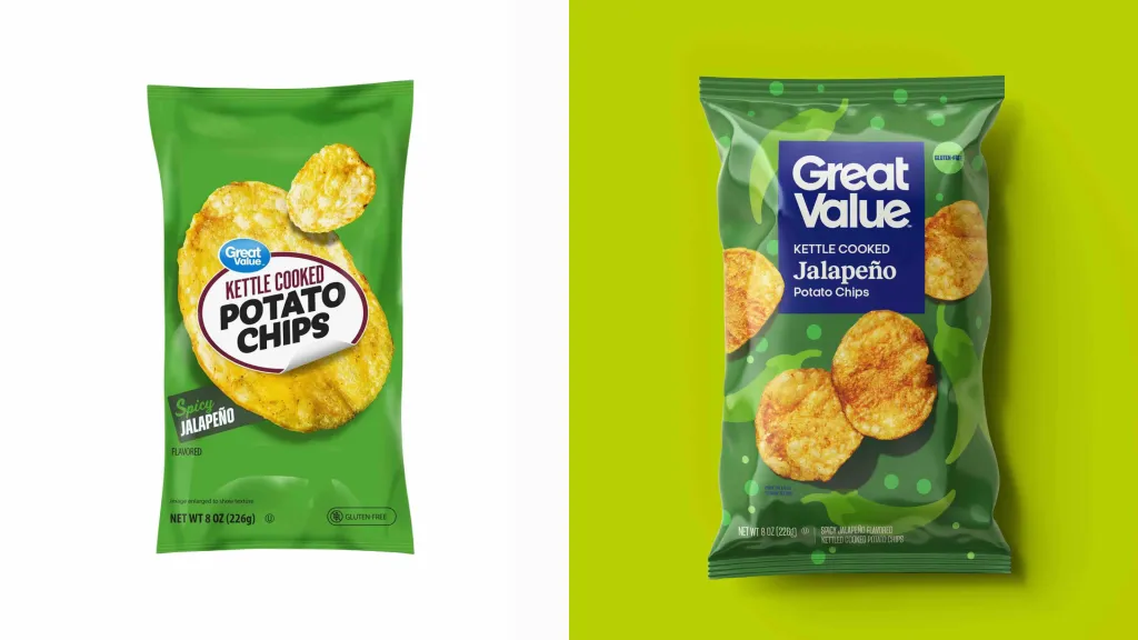 Collage of two images, showing the original (left) and redesigned (right) packaging for Walmart's Great Value Kettle Cooked Jalapeño potato chips.