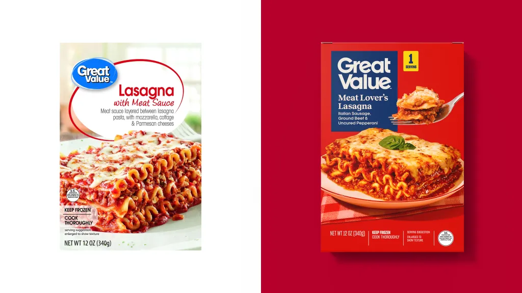 Collage of Walmart's Great Value Kettle Cooked Lasagna and the redesigned packaging for Walmart's Great Value Lasagna.