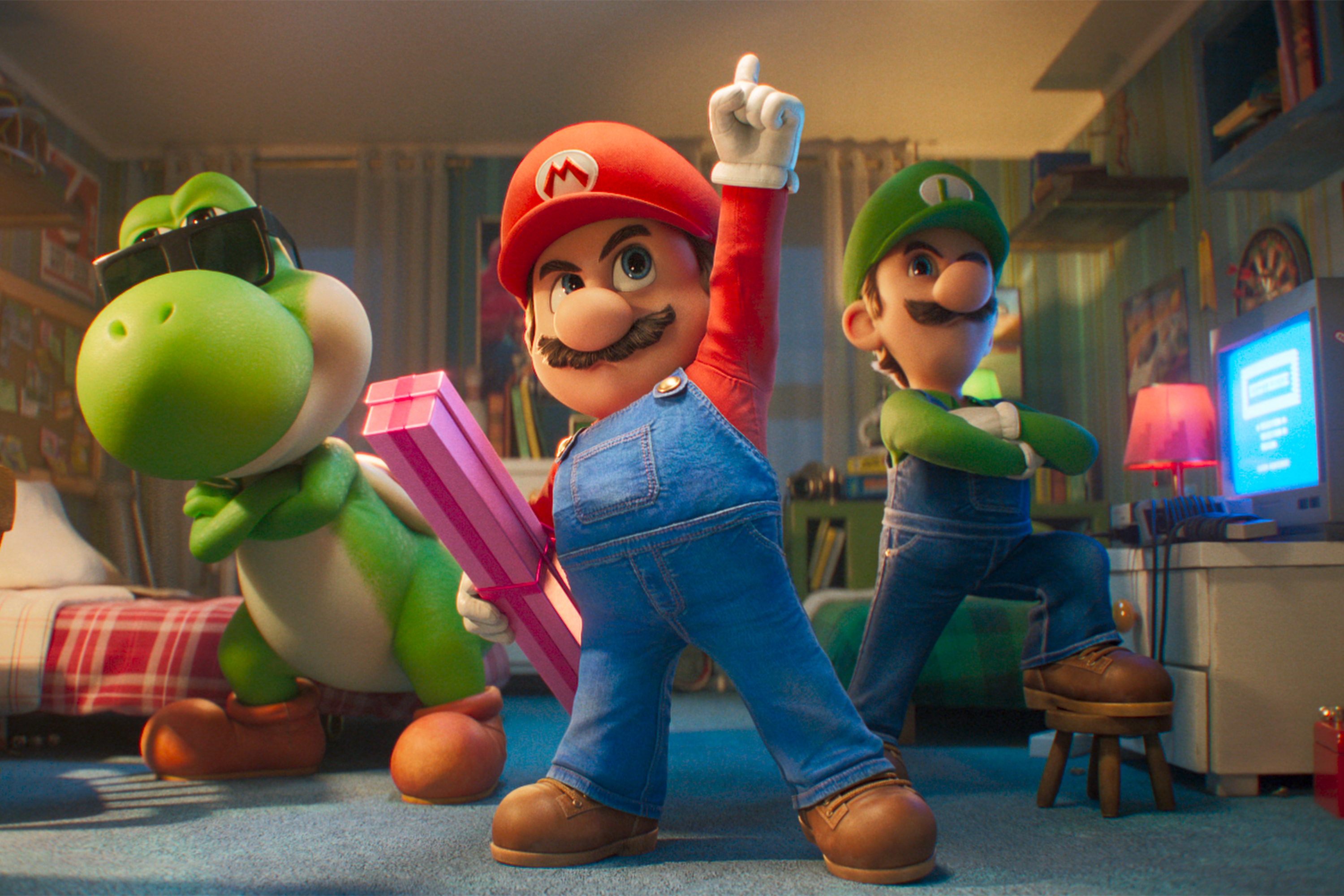 Illustration of Yoshi, Mario, and Luigi in a scene from "The Super Mario Galaxy Movie."