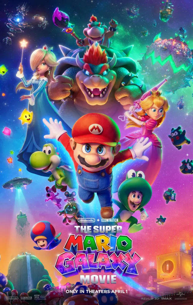 Illustration of the promotional art for "The Super Mario Galaxy Movie" featuring Mario, Luigi, Princess Peach, Yoshi, Bowser, and other characters in a vibrant space setting.