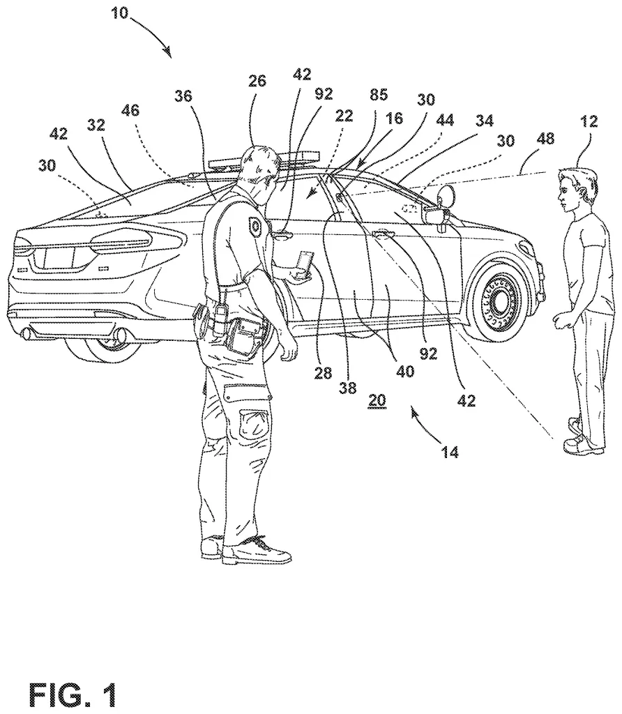 Illustration of a police officer using a device to scan a driver as part of a drunk driving detection system.