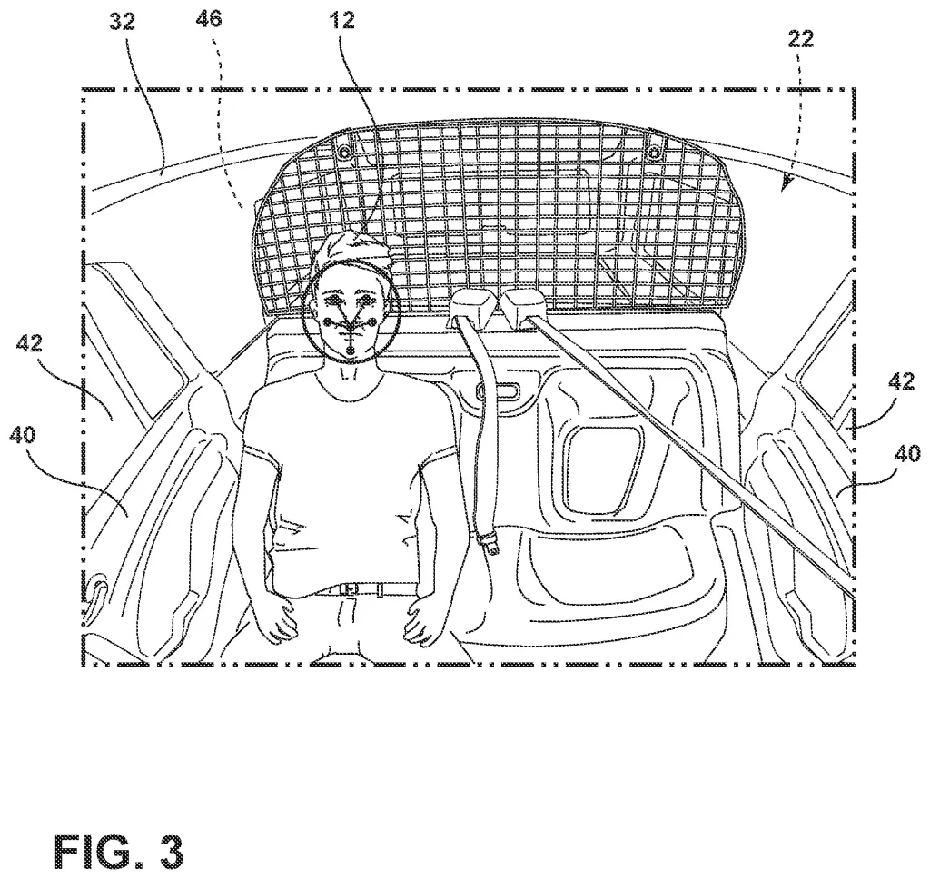 Illustration of a person sitting in a car seat, with circles and dots on their face, representing infrared detection for drunk driving.