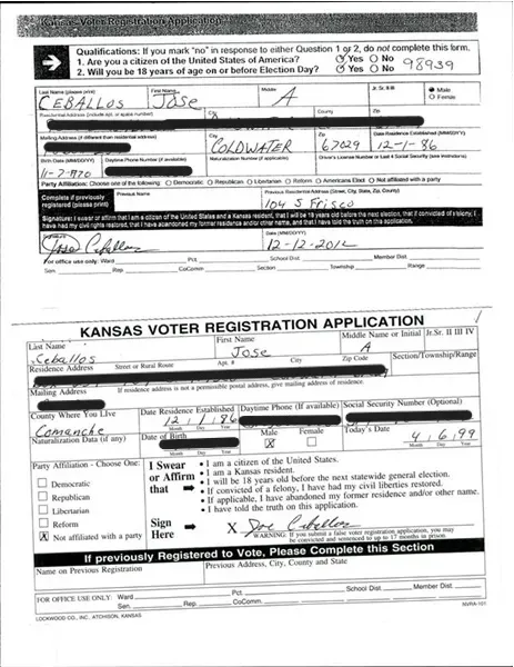 Collage of two Kansas voter registration applications for Jose Ceballos, both with the citizenship box marked "Yes" and signed by him.