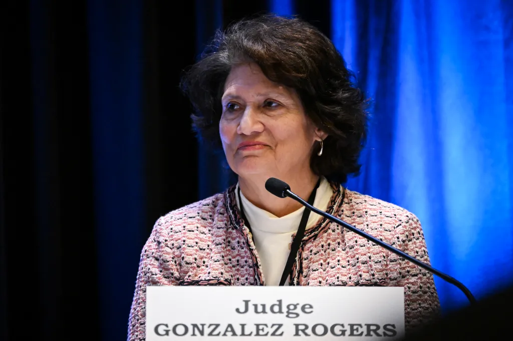 Judge Yvonne Gonzalez Rogers speaking at a panel discussion.