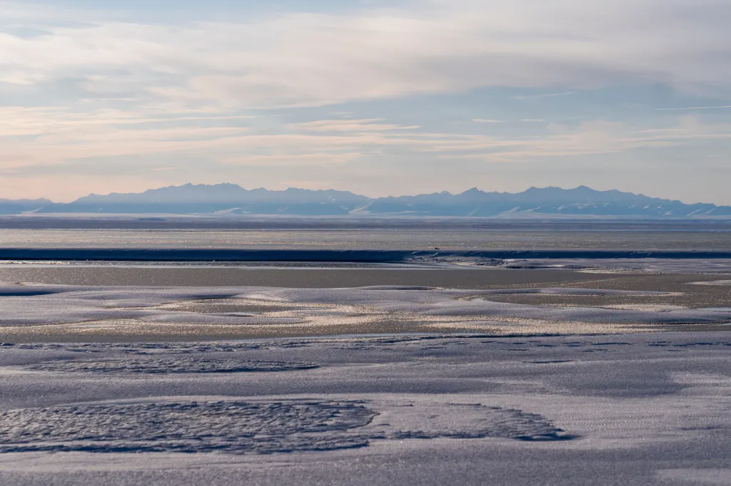 The Kaktovik Lagoon and the Brooks Range mountains of the Arctic National Wildlife Refuge in Alaska.