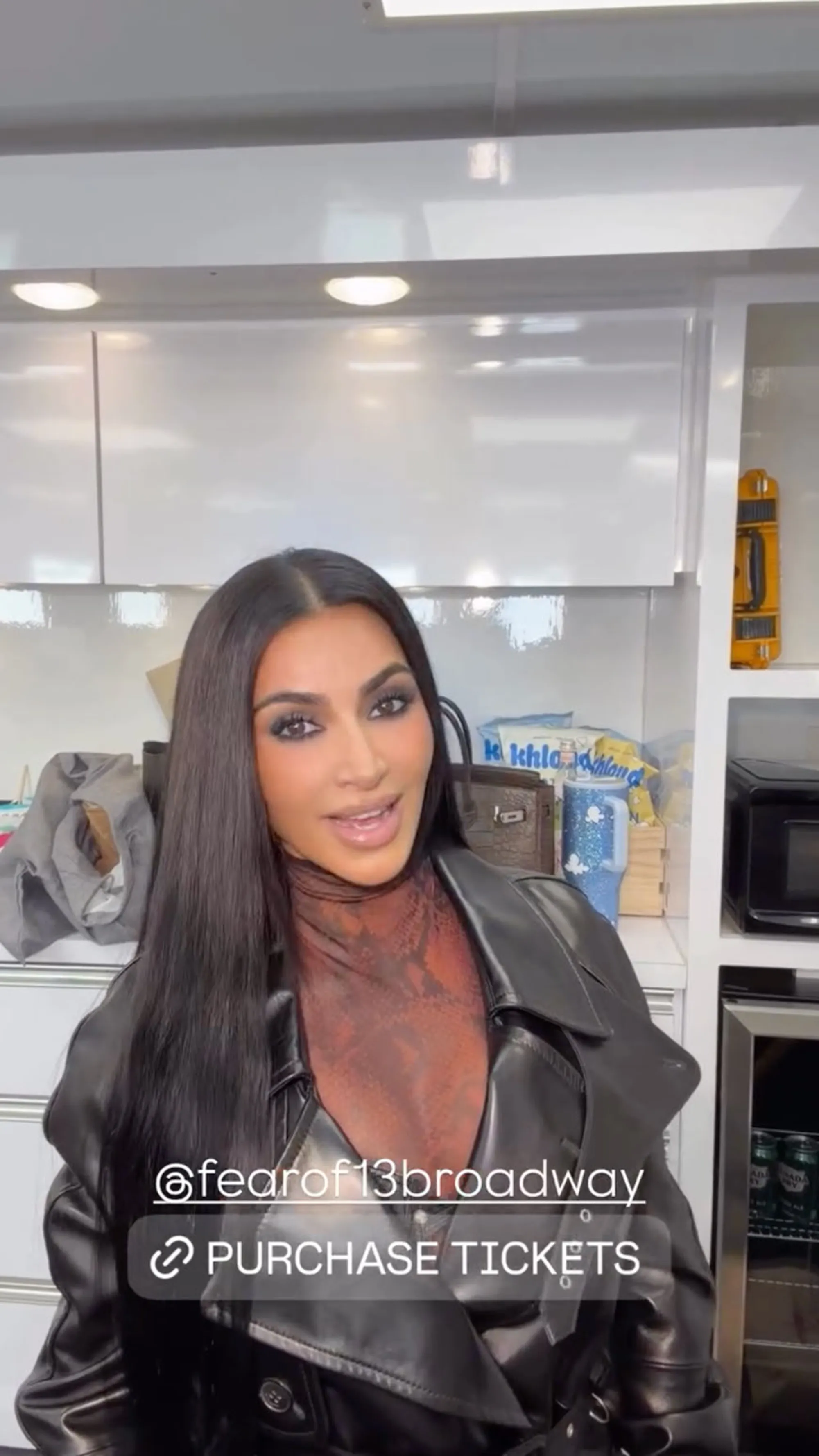 Kim Kardashian promoting "The Fear of 13" Broadway show.